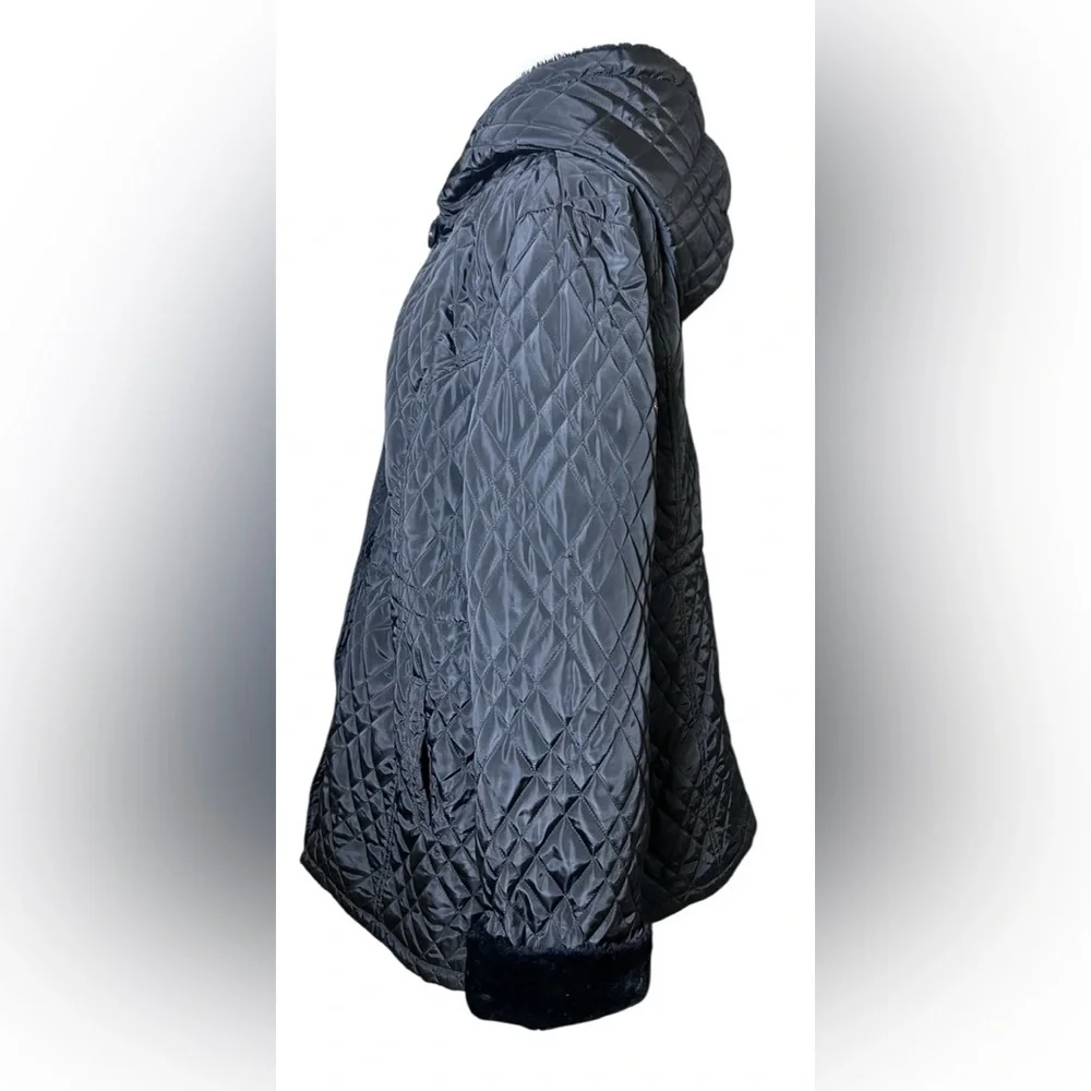 Dennis Basso NEW Women's XL Black Quilted Faux Fur Trim Hooded Coat‎ Drawstring